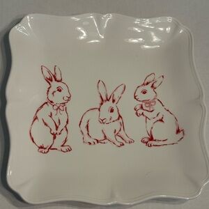 White Ceramic Plate with Red Bunny Design 11 inches Square Wavy Edge